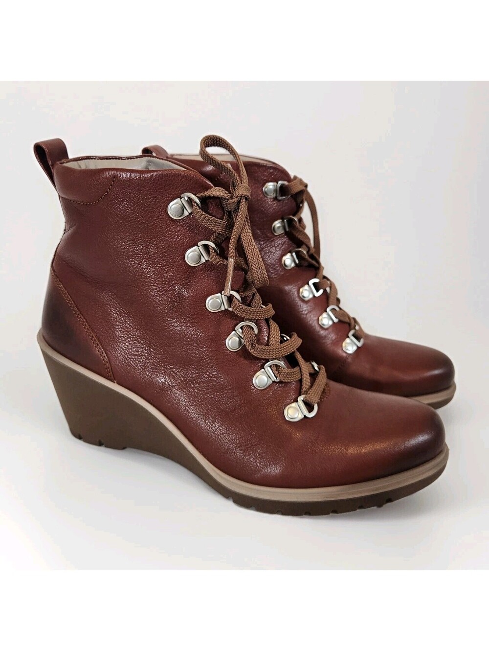 ECCO Touch 75 Malmo W 38/8M Burgundy Leather Ankle Boots Wedge Heel Lace Up